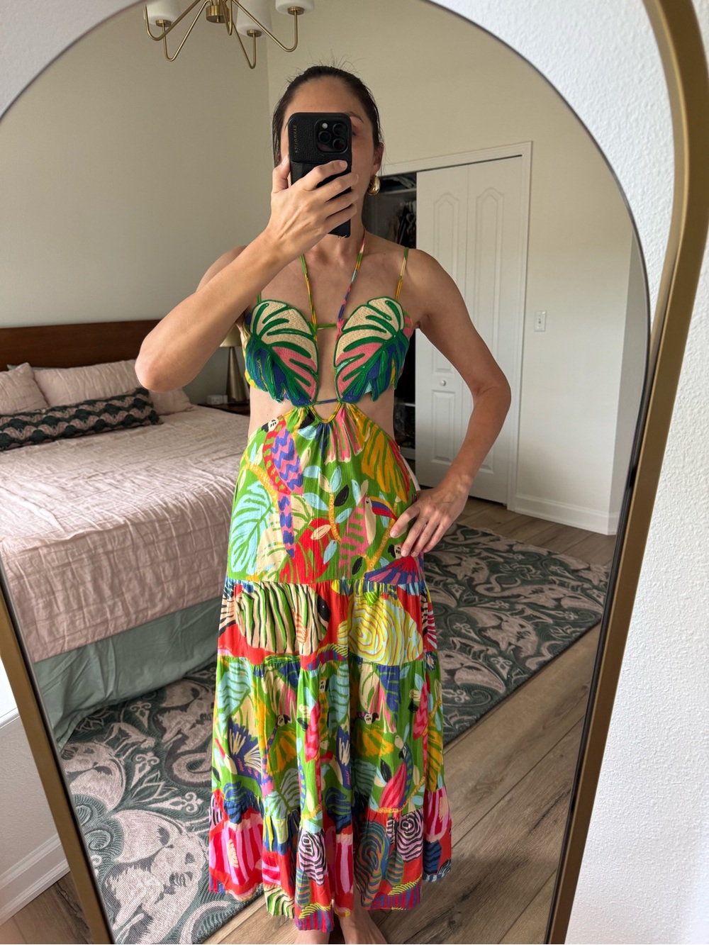Farm Rio Leaf Appliqué Cutout Maxi Dress NWT Size XS, S, NWT